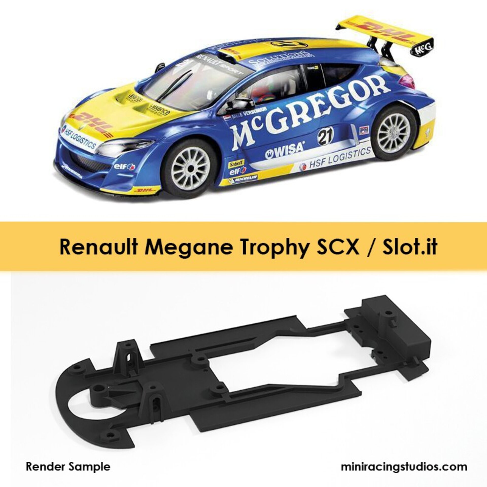 Scalextric Chasis 3D Renault Megane Trophy de Scalextric compatible con Slot MiniRacingStudios Soluciones para el Slot y el Hobby