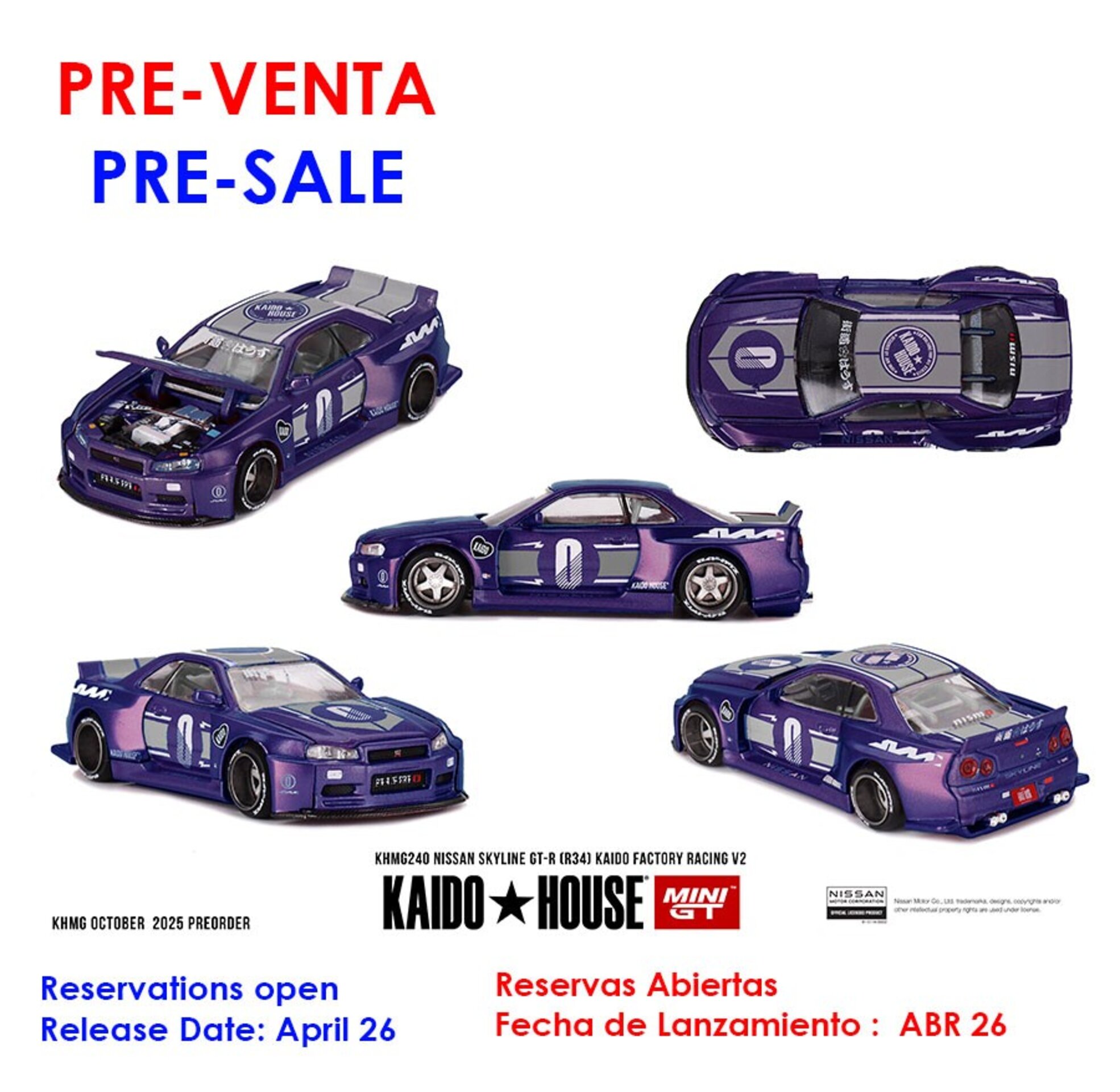 (PRE VENTA) 1:64 Nissan Skyline GT-R (R34) KAIDO RACING  – Kaido House × Mini GT - 1