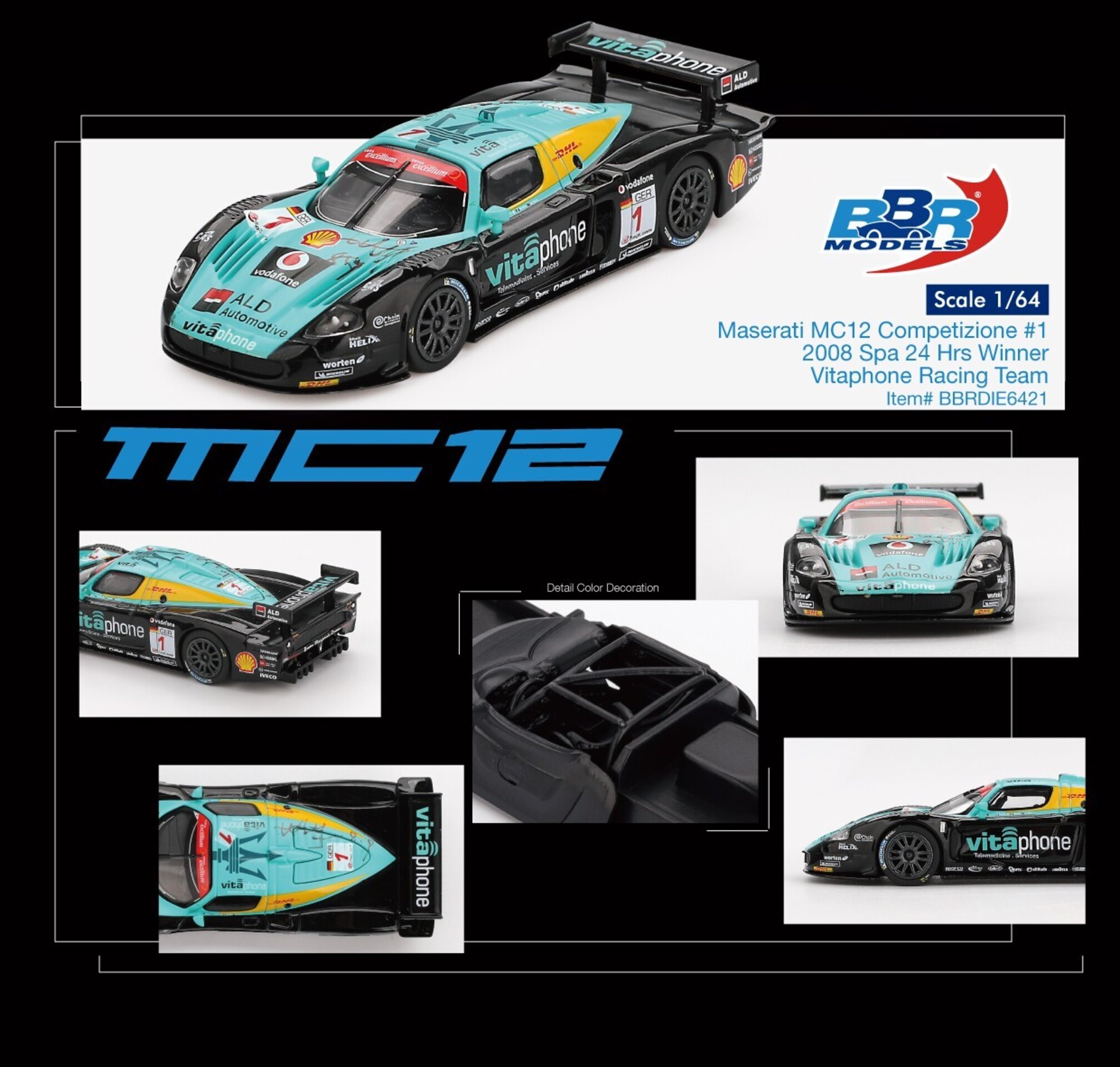 (PRE VENTA) 1:64 Maserati MC12 Vitaphone Racing #1 Spa 24h 2008 Ganador Spa BBR - 5