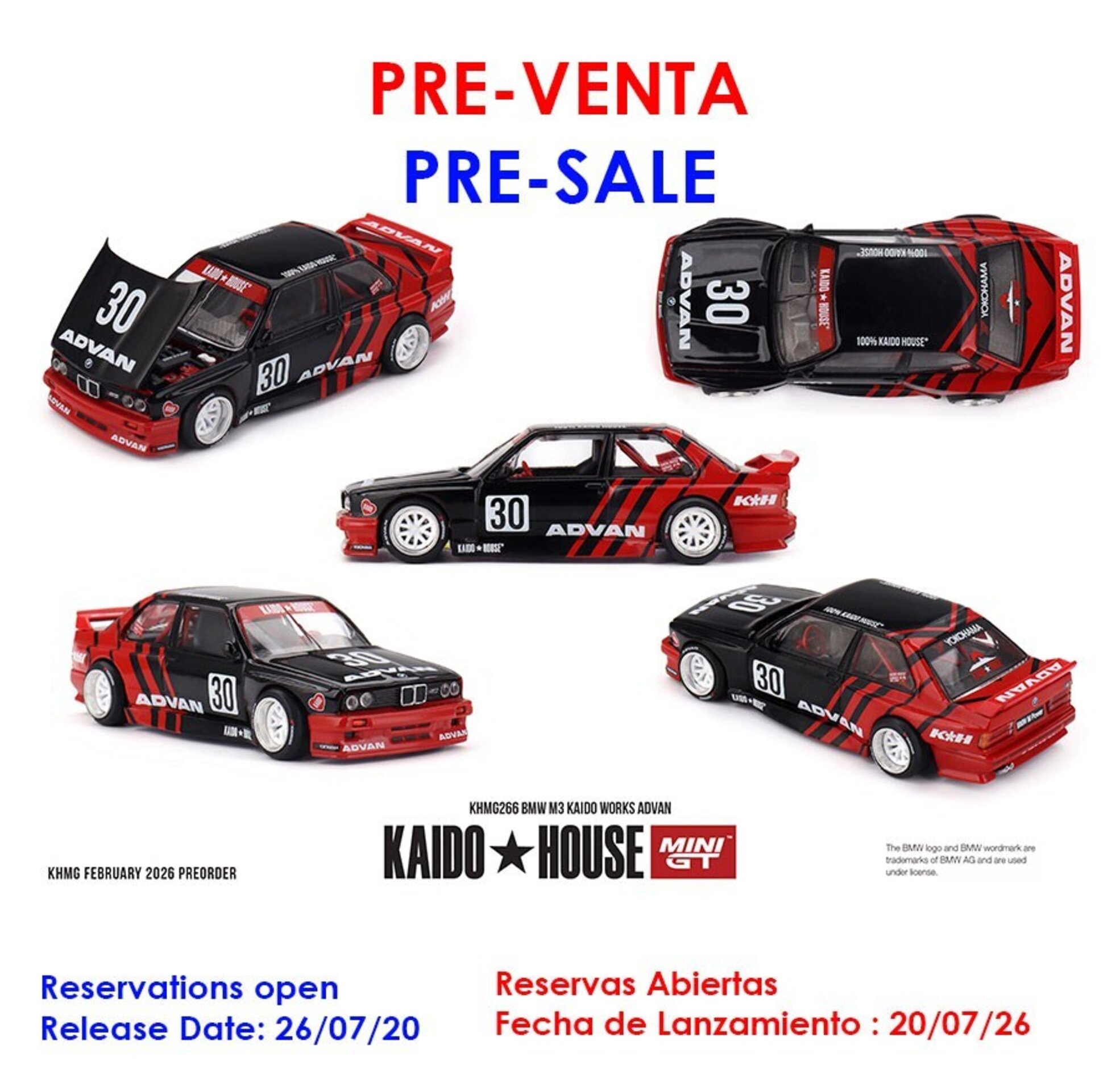 (PRE VENTA)1:64 BMW M3 (E30) KAIDO WORKS ADVAN 2025   – Kaido House × Mini GT - 1
