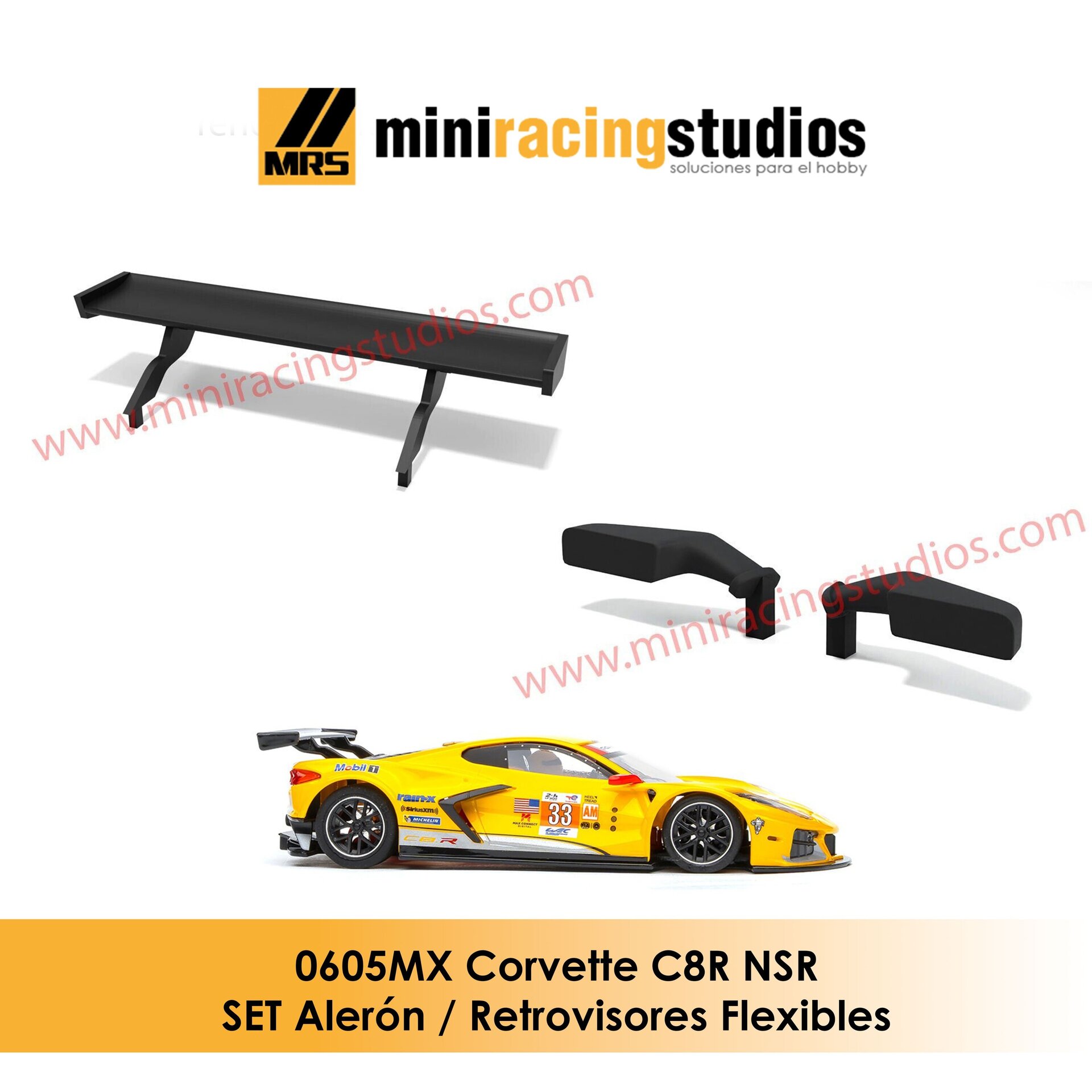 Set Alerón + Retrovisores Flexibles para el Corvette C8R ( Flex o Bicomponente ) - 1